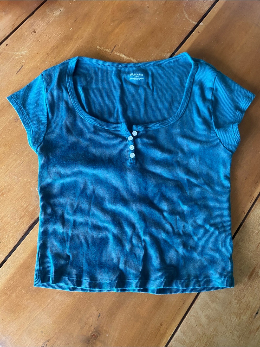 100% Cotton Teal Blue Ribbed Henley Crop Top with Buttons Size Large Summer